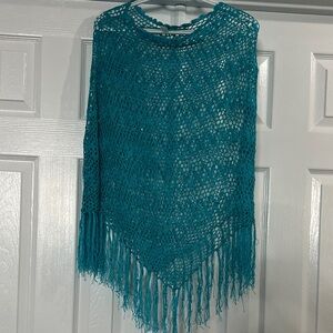 Teal Fringe Knit Women's Poncho